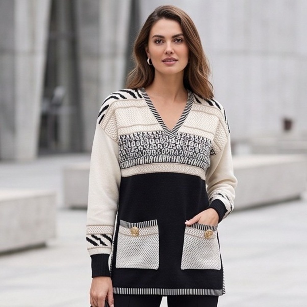 Vintage Antonella Preve New York L Zebra Knit V-Neck Sweater Black Cream Gold L